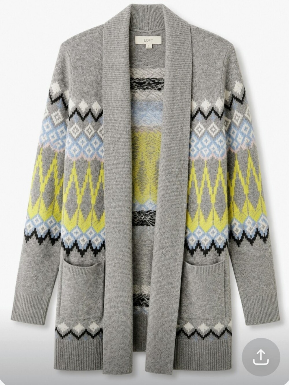 LOFT Gray Open Front Fair Isle Cardigan with Yellow & Blue Pattern